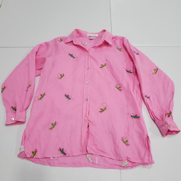 Casey Coleman Shirt Womens Medium Pink Linen Grasshopper Embroidered - Picture 1 of 8